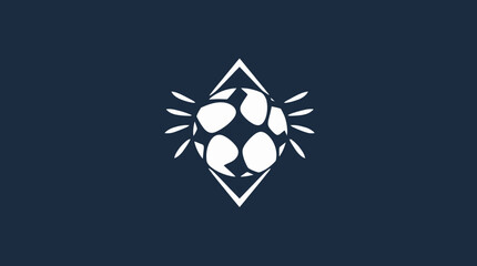 A stylized soccer ball design within a diamond shape, on a dark blue background.