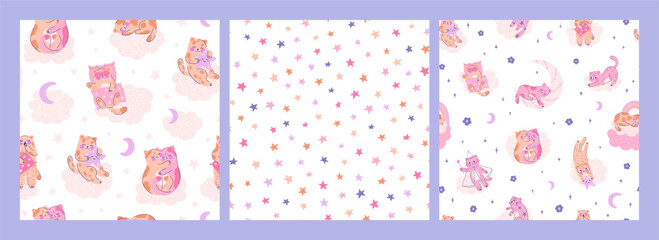 Collection seamless patterns with adorable kittens, stars and moon