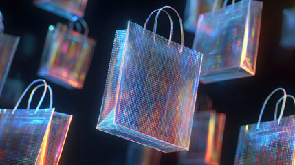 Futuristic Digital Holographic Shopping Bags Floating for Cyber Monday Sale