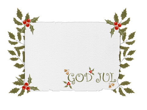 Scandinavian Christmas Frame with Holly and God Jul Greeting