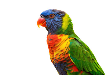 Naklejka premium Stunning rainbow lorikeet with blue head, orange breast and green wings in profile view, isolated on a transparent background