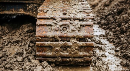 Heavy equipment detail showcases a textured track saturated in earthy mud, capturing the essence