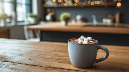 Ceramic cup with hot chocolate and mini marshmallows on wooden table in modern kitchen ,copy space