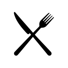 Black silhouette of a crossed knife and fork representing dining or restaurant services and food related themes