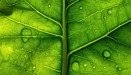 Fototapeta premium Green Leaf Macro Photography with Dew Drops