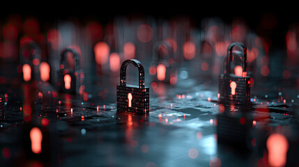 Digital padlocks glowing with binary code symbolizing cybersecurity and data protection.