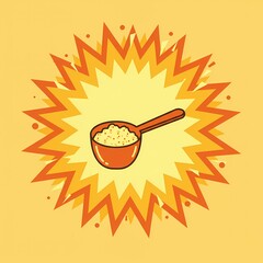 Measuring scoop with creatine supplement on yellow burst background  