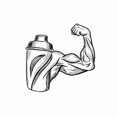 Strong arm flexing with a protein shaker representing creatine supplement  