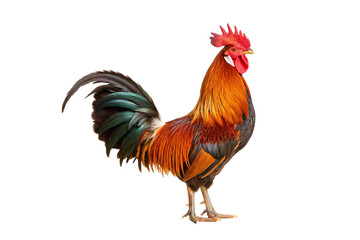 Colorful male rooster displaying rich orange neck feathers and iridescent green-black tail plumage, isolated on a transparent background
