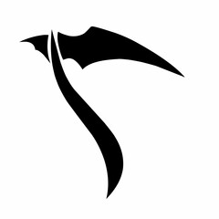 Minimalist vector illustration of a scythe in black silhouette style.