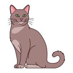 Friendly Cat in Illustration: An adorable cat with bright green eyes and a charming smile sits gracefully. The digitally created illustration captures the pet's friendly nature.