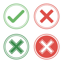 Obraz premium Green check mark and red cross symbols in circles on white background vector