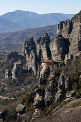 Panoramic view of Meteora and its monasteries on a sunny day