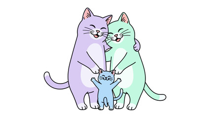 Happy Cat Family: A heart warming scene of a cat family, exuding warmth and affection, showcasing the essence of togetherness in a tender, illustrative embrace.