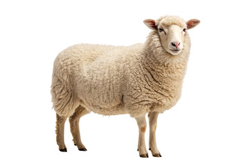 Obraz premium Fluffy cream-colored sheep with dense wool coat and alert expression facing forward directly, isolated on a transparent background