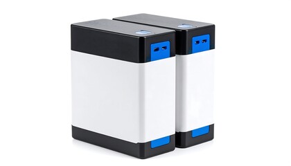 Two black battery cases with white labels