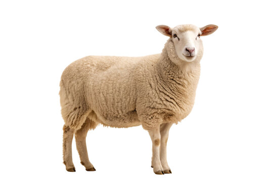 Woolly white sheep with pink nose and ears standing in classic farmyard pose, isolated on a transparent background