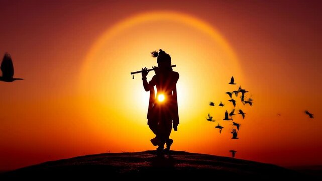 Enchanting silhouette of lord krishna playing flute against a fiery sunset symbolizing janmashtami and govardhan puja