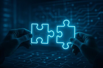Hands connecting glowing digital puzzle pieces on circuit background