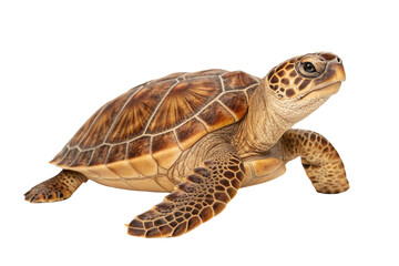 Obraz premium Large sea turtle swimming, brown shell with intricate patterns, marine reptile with flippers extended gracefully, isolated on a transparent background