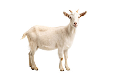 Obraz premium White domestic goat standing in three-quarter view with small horns and cream-colored fur displaying gentle expression, isolated on a transparent background