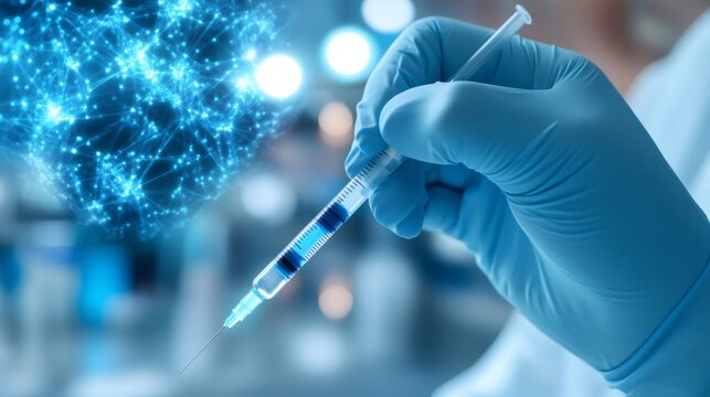 Scientist hand holding medical syringe with glowing digital network for innovative research