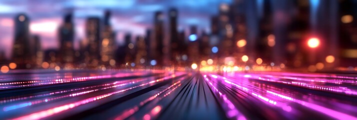 Glowing light trails symbolizing data movement and internet connection in an abstract cityscape