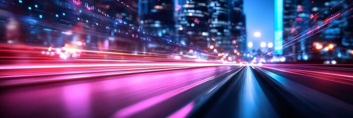 Urban highway with speeding motion blur and data visualization elements creating a dynamic city scene