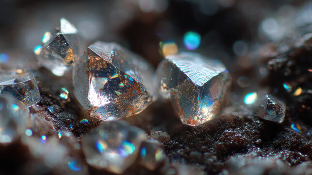 Macro shot of raw diamonds sparkling with iridescent light on dark surface