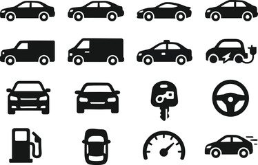 Car Vehicle Solid Black Vector Icon Set Collection on White Background
