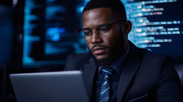 African American programmer coding, analyzing data on laptop