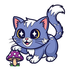 Whimsical Kitty and Magical Mushroom: This cheerful cartoon kitten with sparkly eyes and a friendly grin curiously interacts with a colorful, magical mushroom