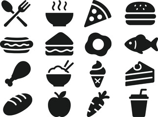 Vector EPS illustration featuring 16 solid black food icons. 