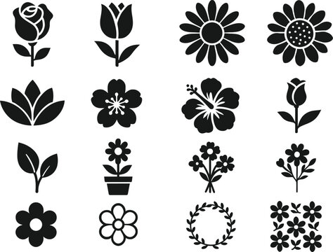 Vector EPS illustration featuring 16 solid black flower and floral icons. Includes rose, tulip, daisy, sunflower, lotus, cherry blossom, hibiscus, bud, leaf, stem, potted flower, bouquet, abstract blo