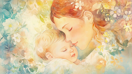 A mother lovingly gazes at her child in a beautiful watercolor artwork, celebrating the essence of bonding and nurturing during World Breastfeeding Week