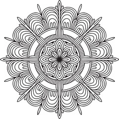 Intricate Mandala Design for Coloring Books and Decor. This black and white mandala design features a complex, symmetrical pattern of layered floral elements.