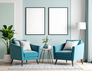 Teal living room with framed art