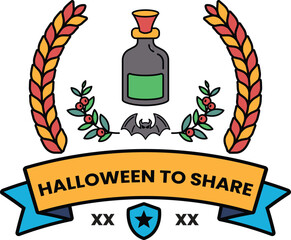 A black and white Halloween to Share logo with a bottle of alcohol and a bat