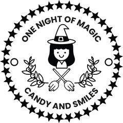 A black and white image of a witch with a broom and a starry background