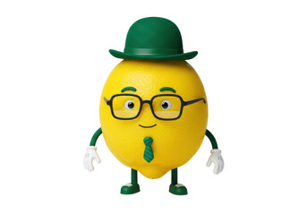 Isolated Lemon character with hat and glasses stands smiling, fun advertising fruit