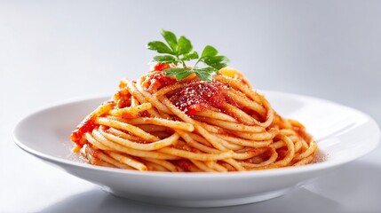 Spaghetti with tomato sauce and parsley garnish on a white plate, close-up studio shot