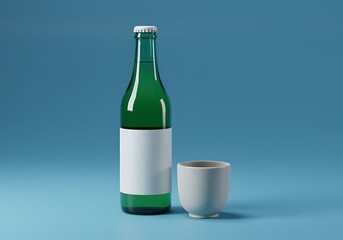 Elegant Green Glass Bottle with White Label and Ceramic Cup on Blue Background Ideal for Mockups and Product Presentations