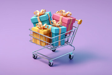 Big sale online shopping discount, shopping cart with gift boxes vector illustration