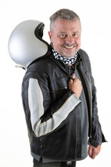 man biker handsome motorcycle guy in jacket motorbike vest with scooter grey helmet smile happy on white background