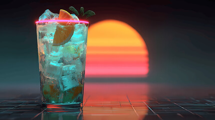 Refreshing cocktail with neon glow against a sunset backdrop