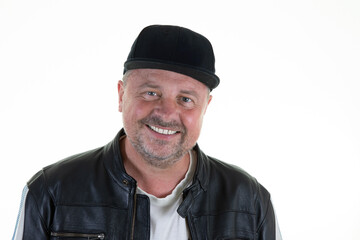 man motorbike handsome middle-aged male with leather motorcycle jacket and black dark cap smile happy pleasant
