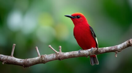 Obraz premium Scarlet Elegance: A vibrant scarlet tanager perched delicately on a branch, its vivid plumage contrasting against the soft, natural background. An embodiment of nature's artistic flair