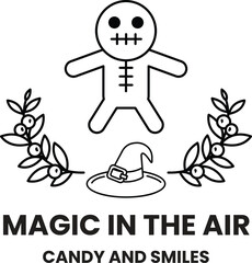 A white and black image of a gingerbread man with a witch hat