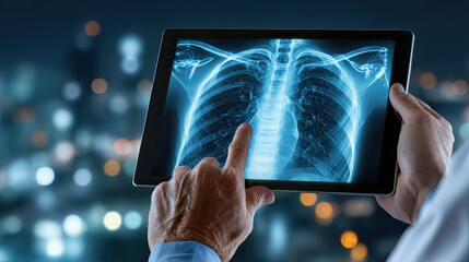 Doctor showing lung X-ray scan on a digital tablet with bokeh background.
