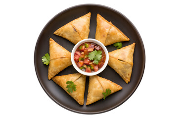 Delicious Samosas with Fresh Salsa - A Vibrant Vegetarian Appetizer on a Dark Plate, Perfect for Sharing